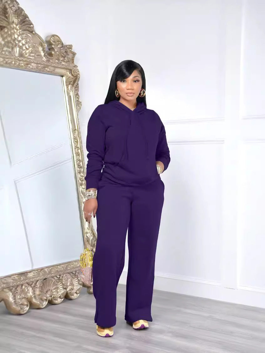 Damen nan Relax-Loungewear-Set mit weitem Highwaist-Palazzo-Jogger, Kapuzenpullover mit Kängurutasche und seitlichem Saumschlitz EB