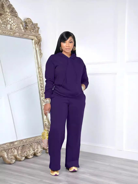 Damen nan Relax-Loungewear-Set mit weitem Highwaist-Palazzo-Jogger, Kapuzenpullover mit Kängurutasche und seitlichem Saumschlitz EB