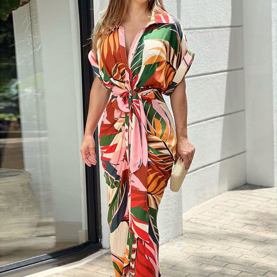 Damen Wickelkleid mit buntem Blattmuster und modischem Taillengürtel EB