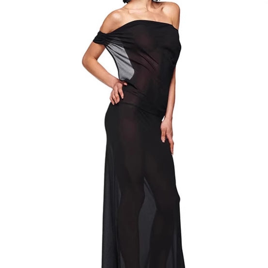 Damen Elegantes Maxikleid mit asymmetrischem Ausschnitt und raffiniertem Bogen-Detail EB