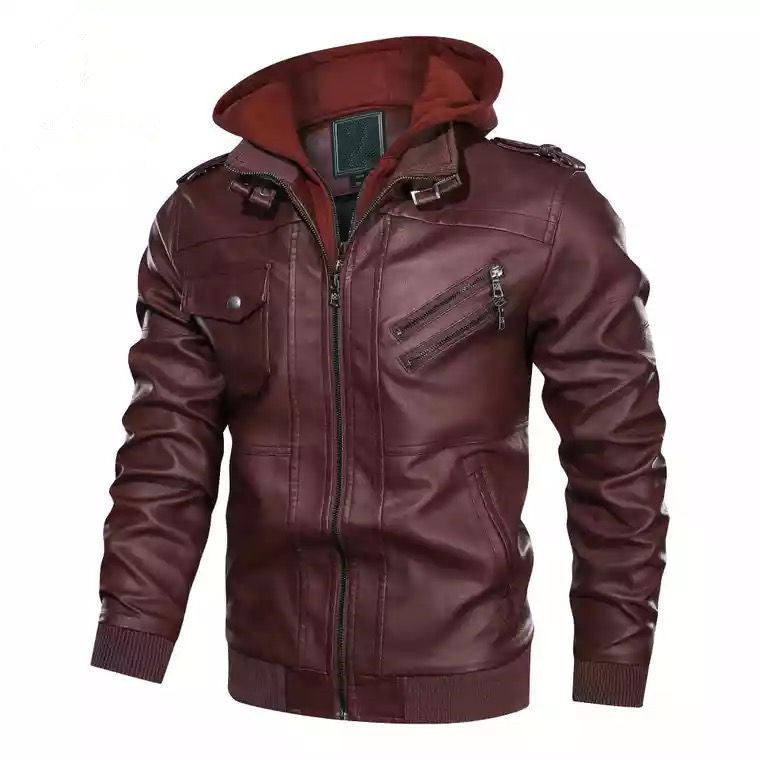 Herren flauschige Kunstlederjacke mit Hoodie EB