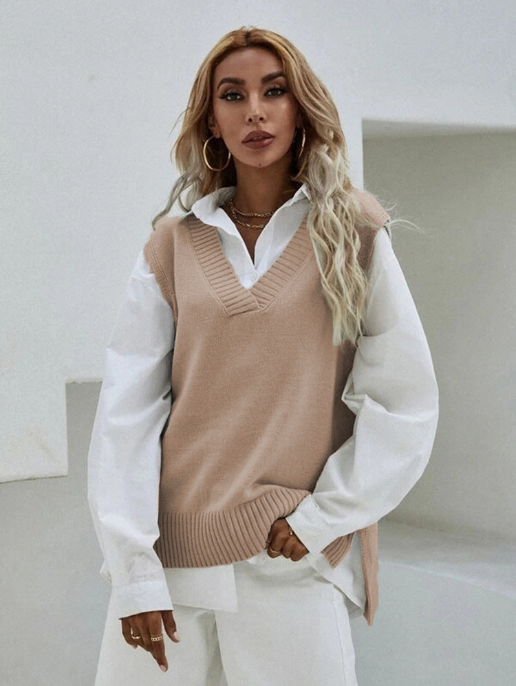 Damen Strickweste mit V-Ausschnitt und feiner Rippenstruktur EB
