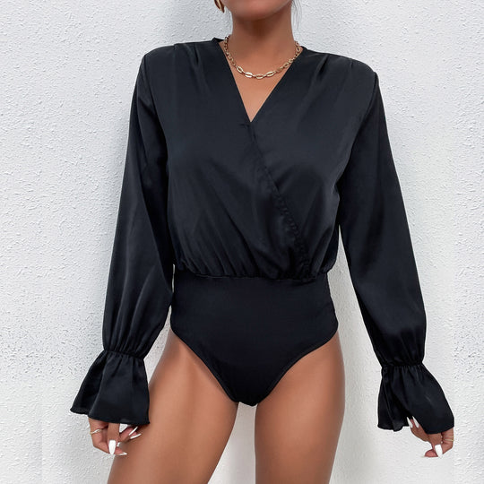 Damen Elegantes Langarmbody mit Wickeloptik und Volantärmeln EB