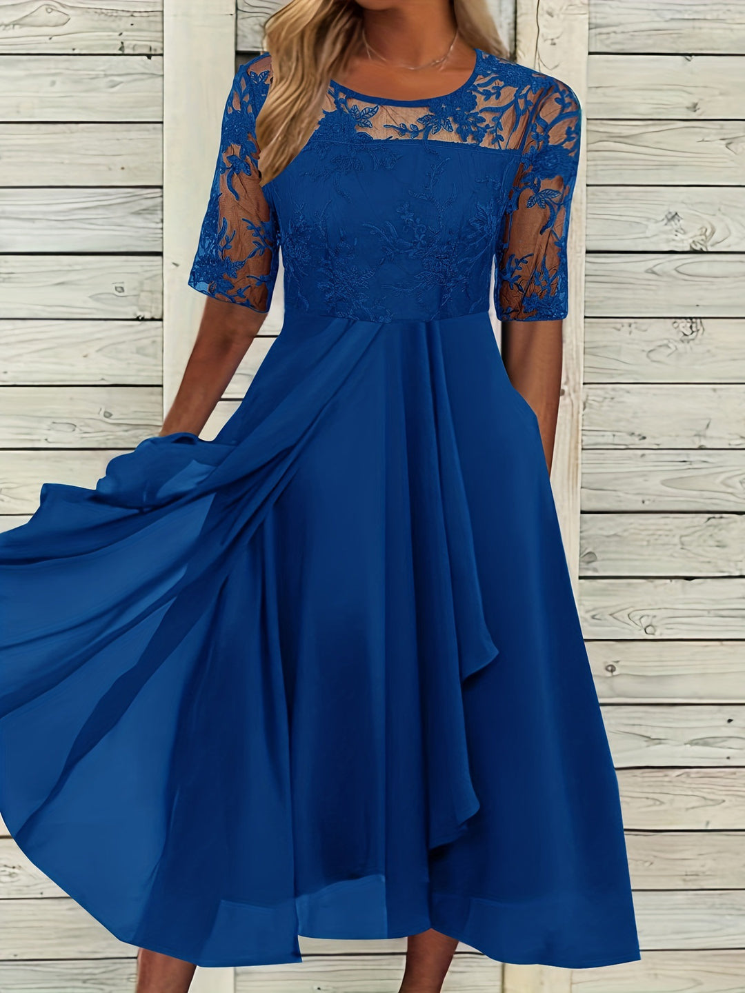 Damen Elegantes Midikleid mit Spitzenärmeln und schwingendem Rock EB