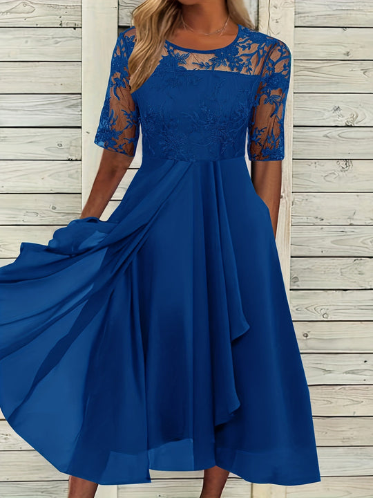 Damen Elegantes Midikleid mit Spitzenärmeln und schwingendem Rock EB
