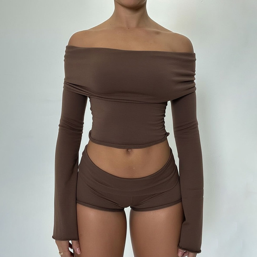 Damen nan Off-Shoulder Lounge-Set mit Langarm-Croptop und Highwaist-Shorts aus Stretchjersey EB