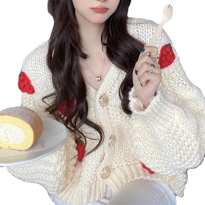 Damen Grober Strickcardigan mit Blumenstickerei und funkelnden Knöpfen EB