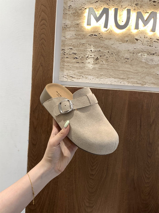 Damen bequeme Clogs mit dekorativem Schnallenverschluss und hochwertigem Veloursleder EB