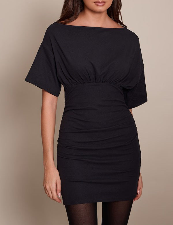 Damen figurbetontes Wickelkleid mit Raffungen und weiten Ärmeln EB