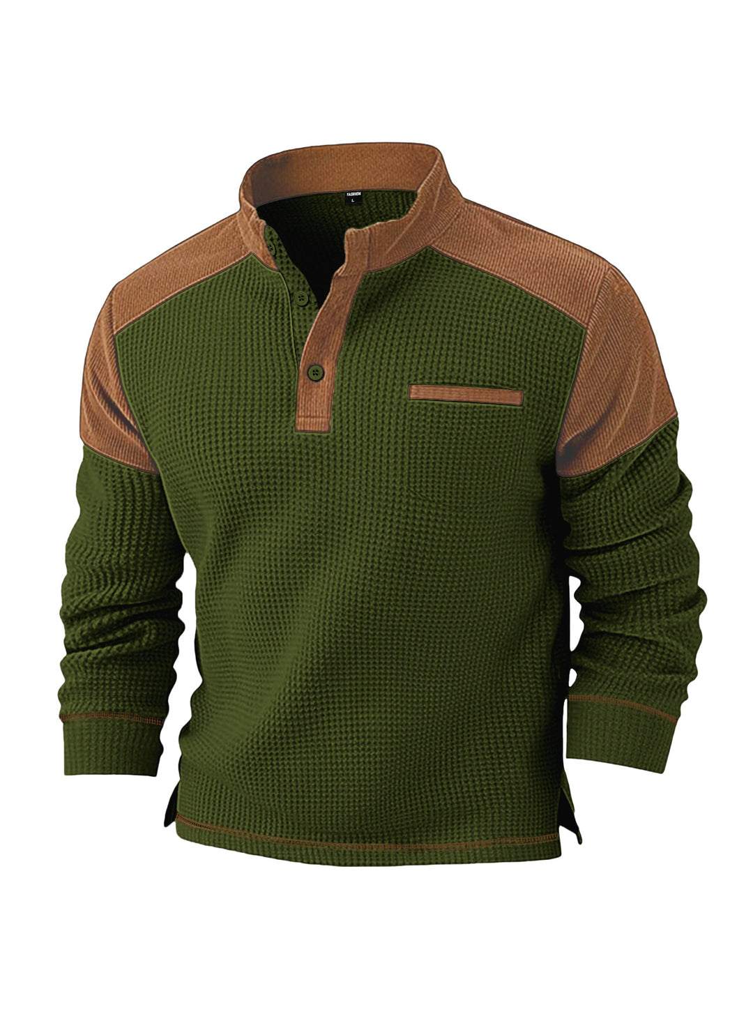 Herren nan Waffelstrick-Henley mit Stehkragen, Cord-Schulterpasse und Brustpaspel EB