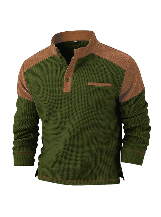 Herren nan Waffelstrick-Henley mit Stehkragen, Cord-Schulterpasse und Brustpaspel EB
