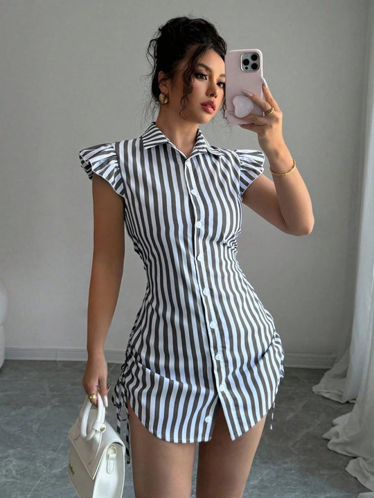 Damen gestreiftes Hemdkleid mit Rüschendetails und taillierter Passform EB
