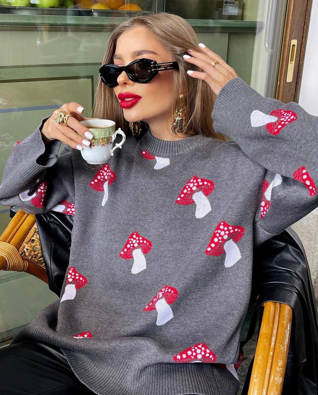 Damen weiter Strickpullover mit Pilzmotiv Rundhals Rippbündchen Eichborn Berlin