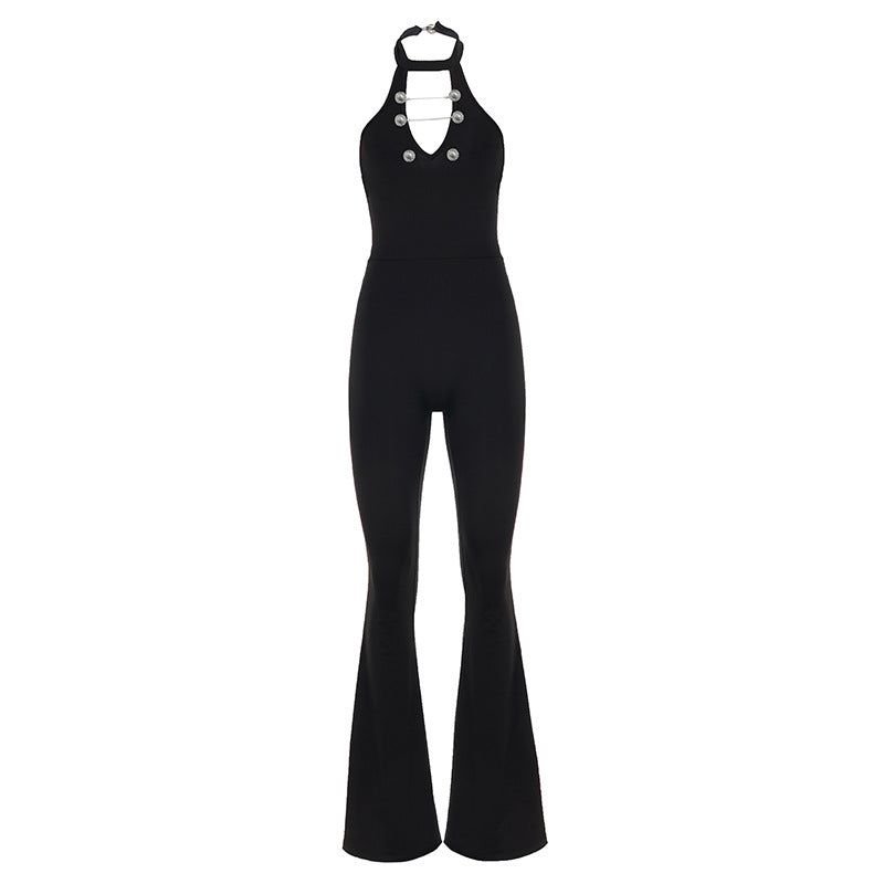 Damen Fließender Jumpsuit mit hochgeschlossenem Ausschnitt und dekorativen Knöpfen EB