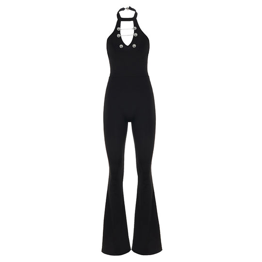 Damen Fließender Jumpsuit mit hochgeschlossenem Ausschnitt und dekorativen Knöpfen EB