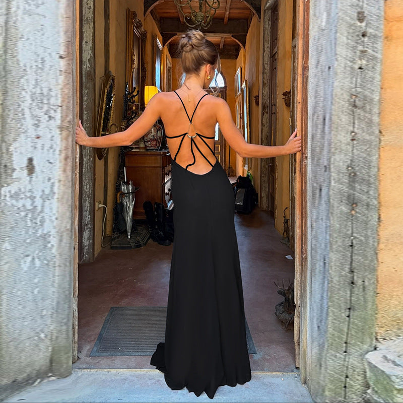 Damen elegantes Maxikleid mit v-förmigem Ausschnitt und feinen Trägern EB