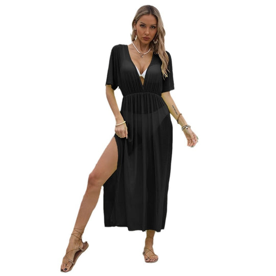 Damen elegantes Maxi-Kleid mit tiefem V-Ausschnitt und fließendem Rock EB