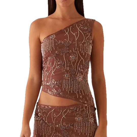 Damen asymmetrisches Oberteil mit floralem Strassdesign EB