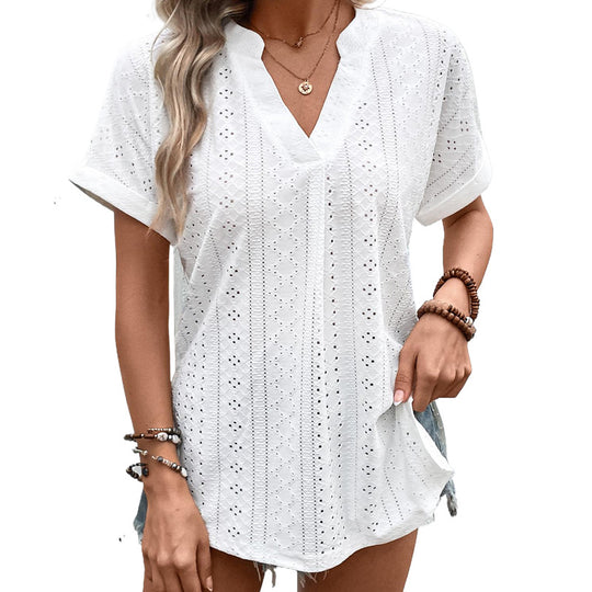 Damen Bluse mit Lochmuster und V-Ausschnitt EB