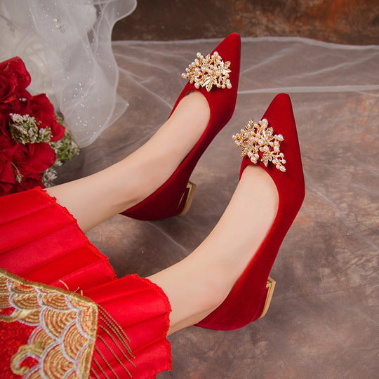 Damen elegante Velours-Pumps mit luxuriösem Perlen-Schmuckdetail EB