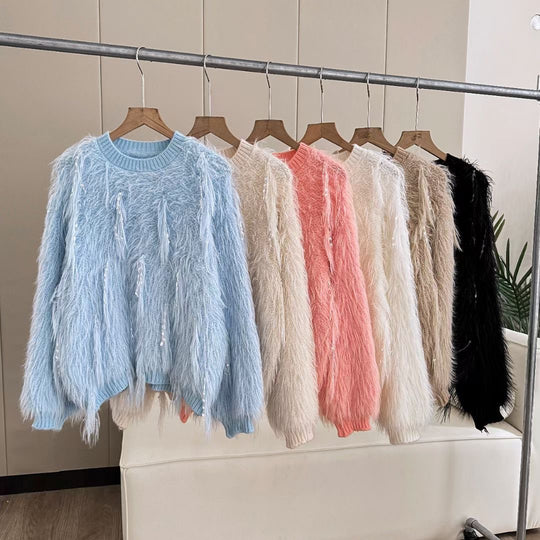 Damen Flauschiger Strickpullover mit einzigartigen Details EB