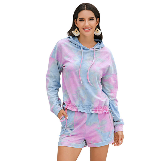 Damen lässiges Freizeit Set mit Kapuzenpullover und Shorts EB