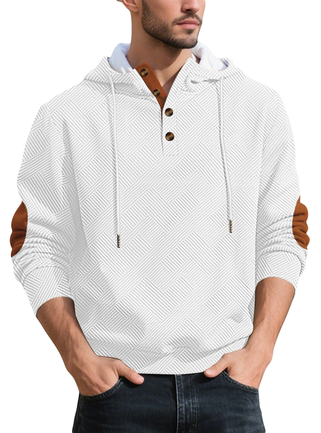 Herren nan strukturierter Kapuzen-Henley-Pullover mit Jacquardstruktur, Knopfleiste und Ellenbogenpatches EB