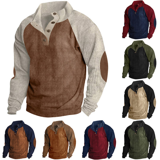 Herren nan Cordoptik-Halbknopf-Pullover mit Stehkragen, Raglanärmeln und Ellenbogenpatches EB