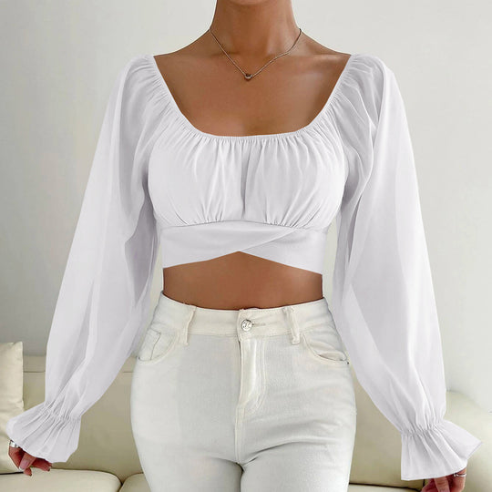 Damen Cropped Bluse mit Puffärmeln und raffiniertem Schnitt EB