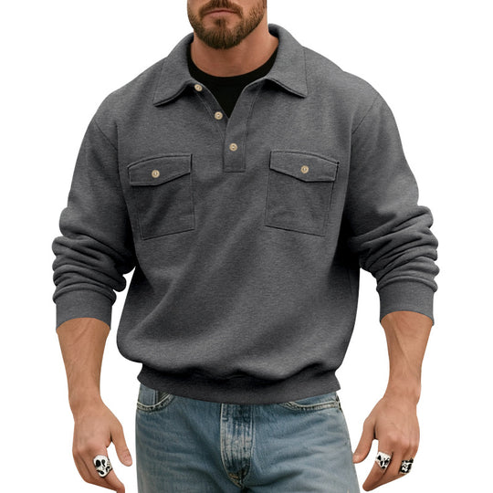 Herren nan Polokragen Sweatshirt mit aufgesetzten Brusttaschen und gerippten Bündchen EB