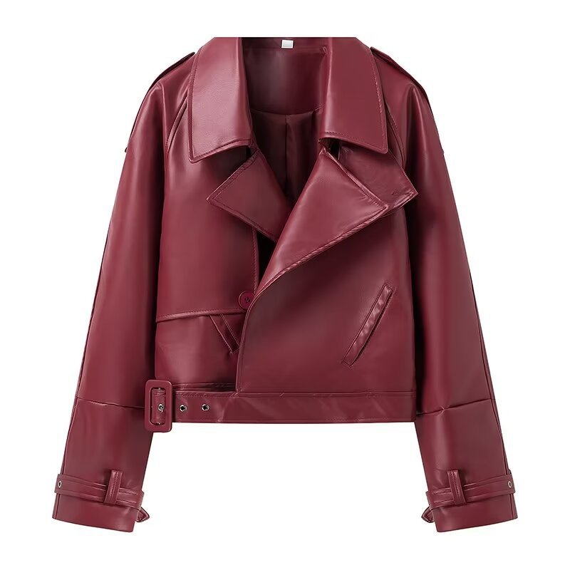 Damen cropped Kunstlederjacke mit Finish und asymmetrischem Kragen EB