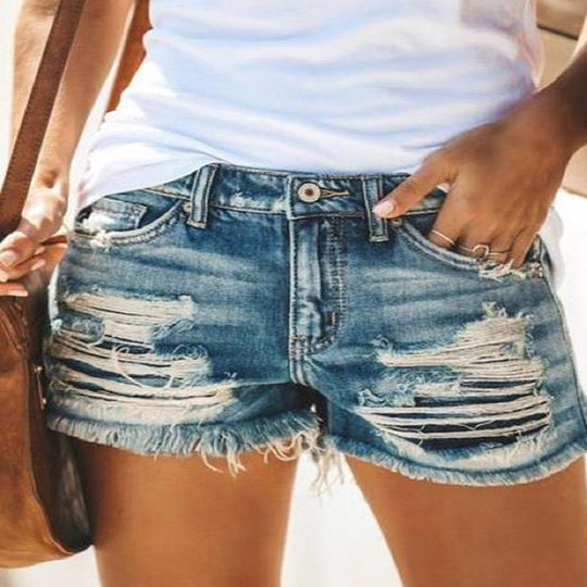 Damen trendige Destroyed Denim-Shorts mit ausgefransten Säumen und modischen Rissdetails EB