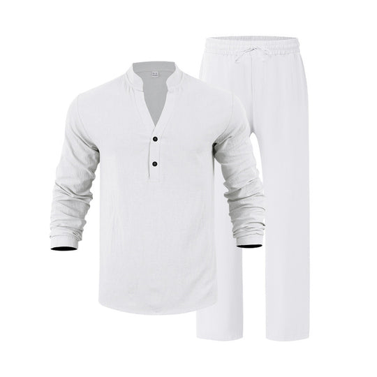 Herren komfortables Homewear-Set mit eleganter Knopfleiste und langen Hosen EB