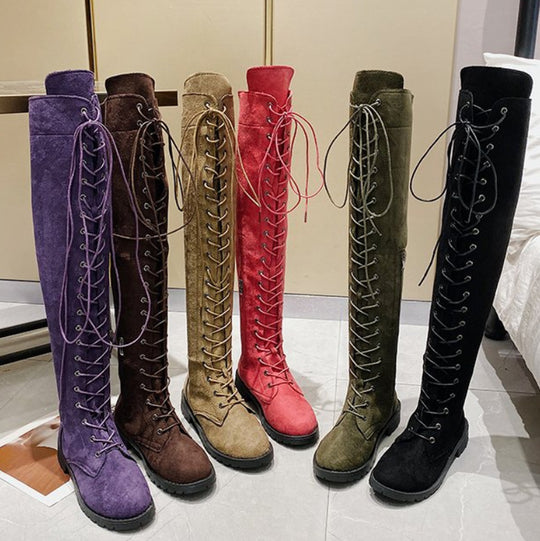 Damen Überknee-Stiefel mit modischem Schnür-Design und robustem Profil EB