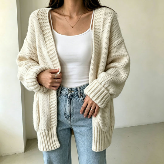 Damen Langer Offener Grobstrick-Cardigan mit aufgesetzten Taschen und gerippten Bündchen EB