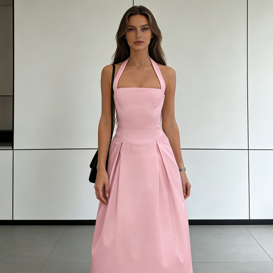Damen Elegantes Midikleid mit tiefem V-Ausschnitt und stilvollem Faltenrock EB