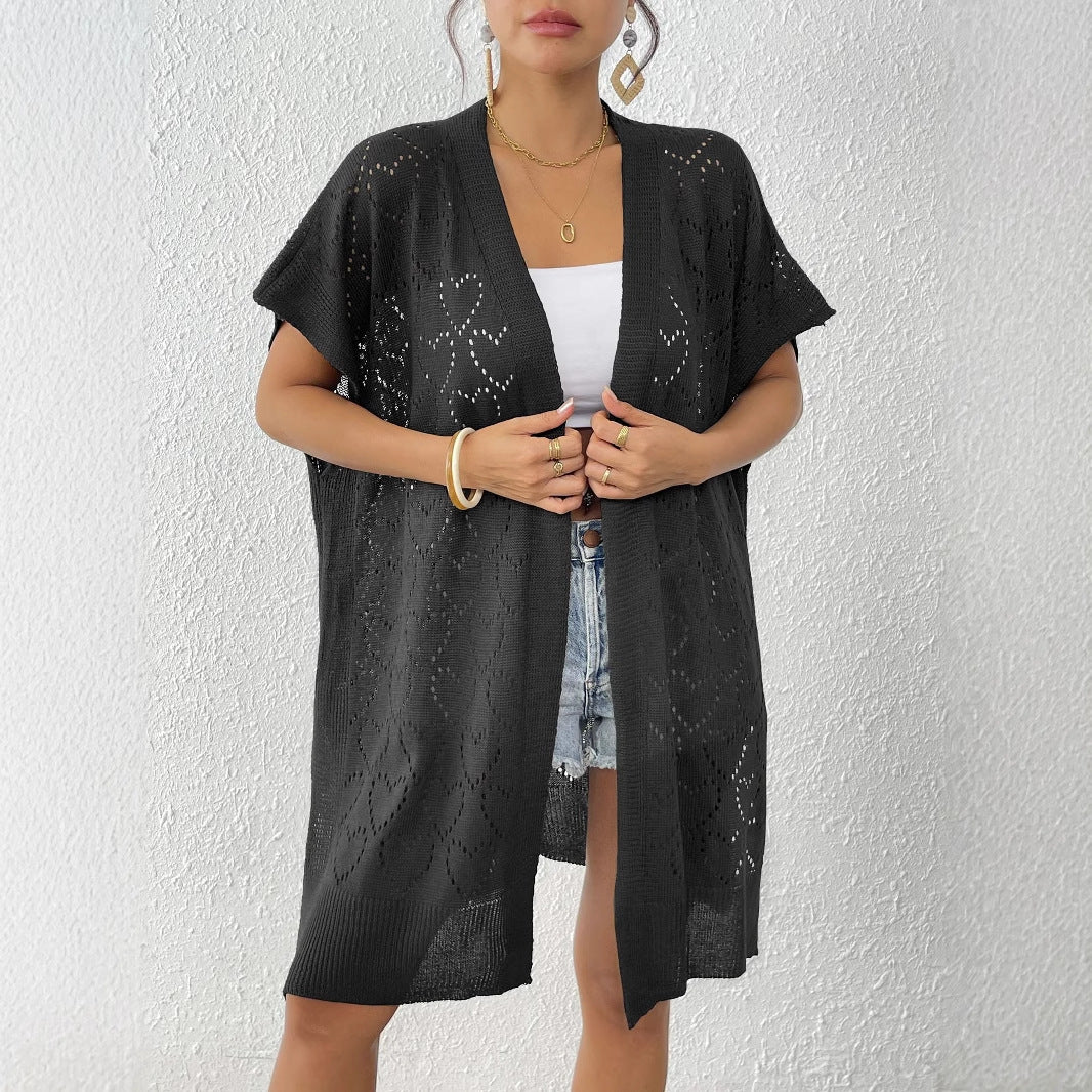 Damen luftiger Strick-Kimono mit floralem Lochmuster EB