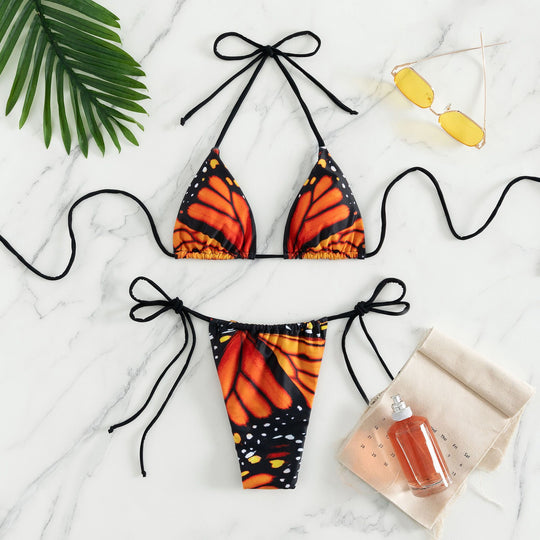 Damen Triangel-Bikini mit buntem Schmetterlingsmuster und verstellbaren Bindebändern EB