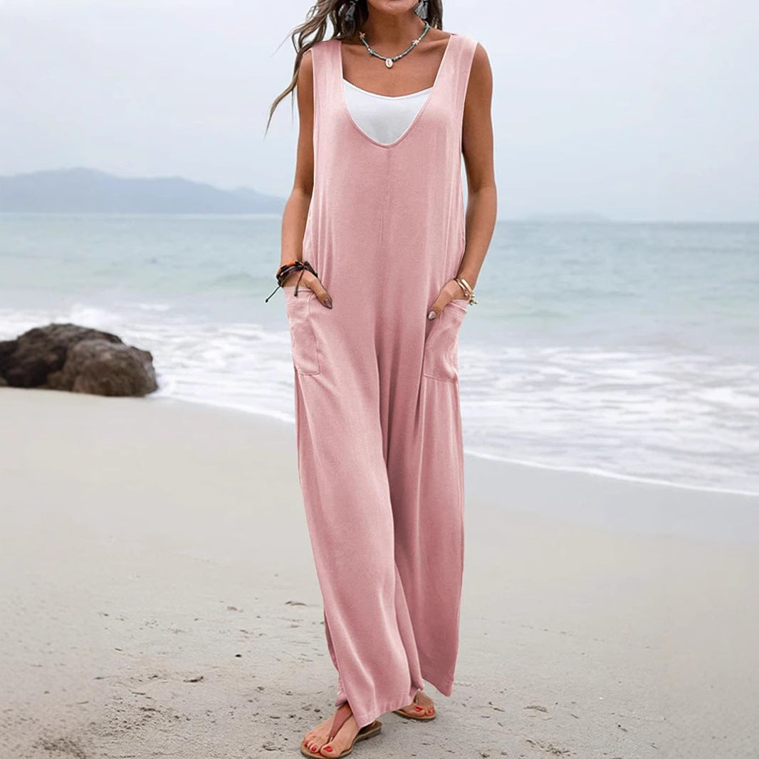 Damen Weit geschnittene Sommer-Jumpsuit mit praktischen Taschen und V-Ausschnitt EB