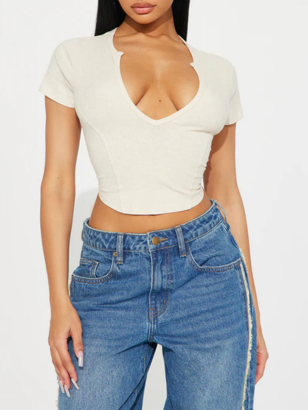Damen Cropped Shirt mit v-förmigem Ausschnitt EB