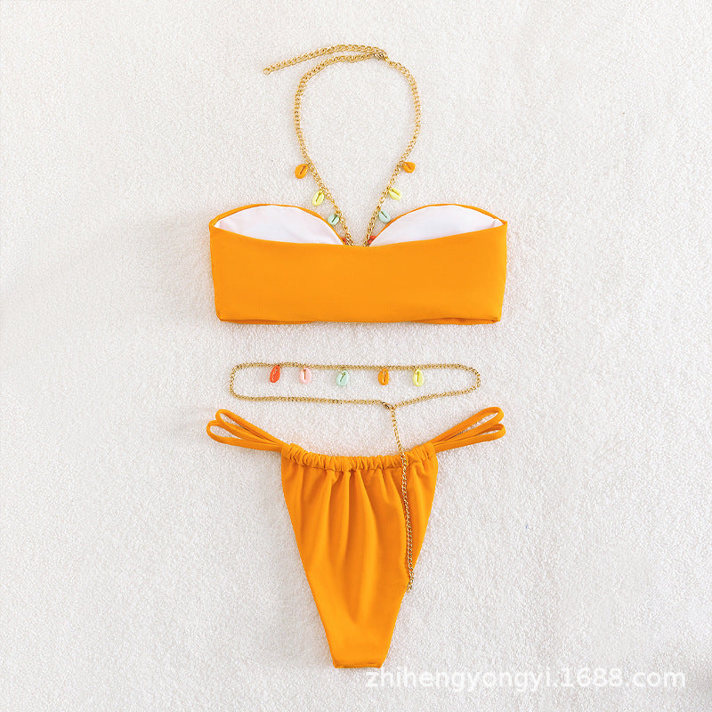 Damen Bandeau-Bikini mit buntem Kettenzier-Design EB