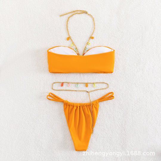 Damen Bandeau-Bikini mit buntem Kettenzier-Design EB