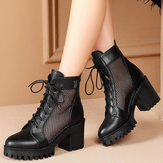 Damen Schnürstiefeletten mit elegantem Mesh-Einsatz und robustem Blockabsatz EB