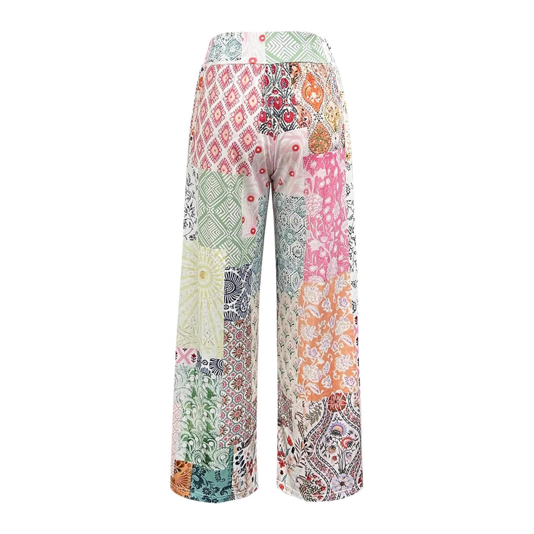 Damen Komfortable weite Stoffhose mit buntem Patchwork-Muster EB