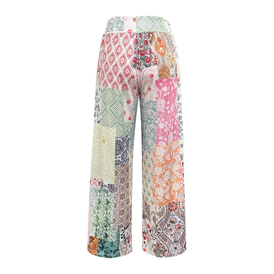 Damen Komfortable weite Stoffhose mit buntem Patchwork-Muster EB