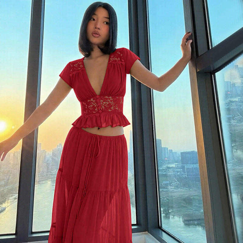 Damen Elegantes Maxikleid mit Spitzenoberteil und fließendem Saum EB