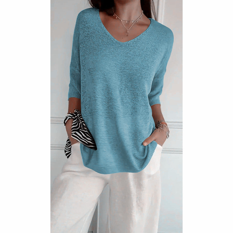Damen nan locker sitzender V-Ausschnitt Feinstrickpullover mit dreiviertelÄrmeln EB