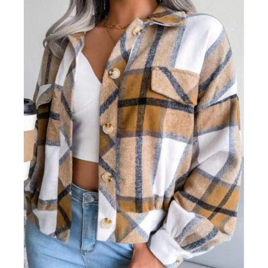 Damen karierte Flanelljacke mit Knopfverschluss und Brusttasche EB