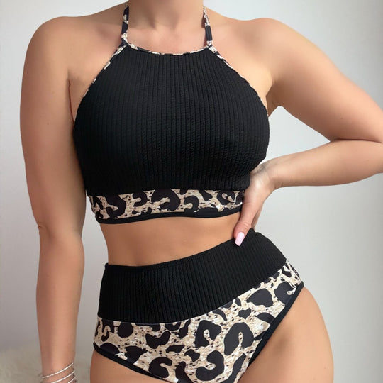 Damen Hochtailliertes Bikini-Set mit sportlichem Oberteil und animalischem Muster EB