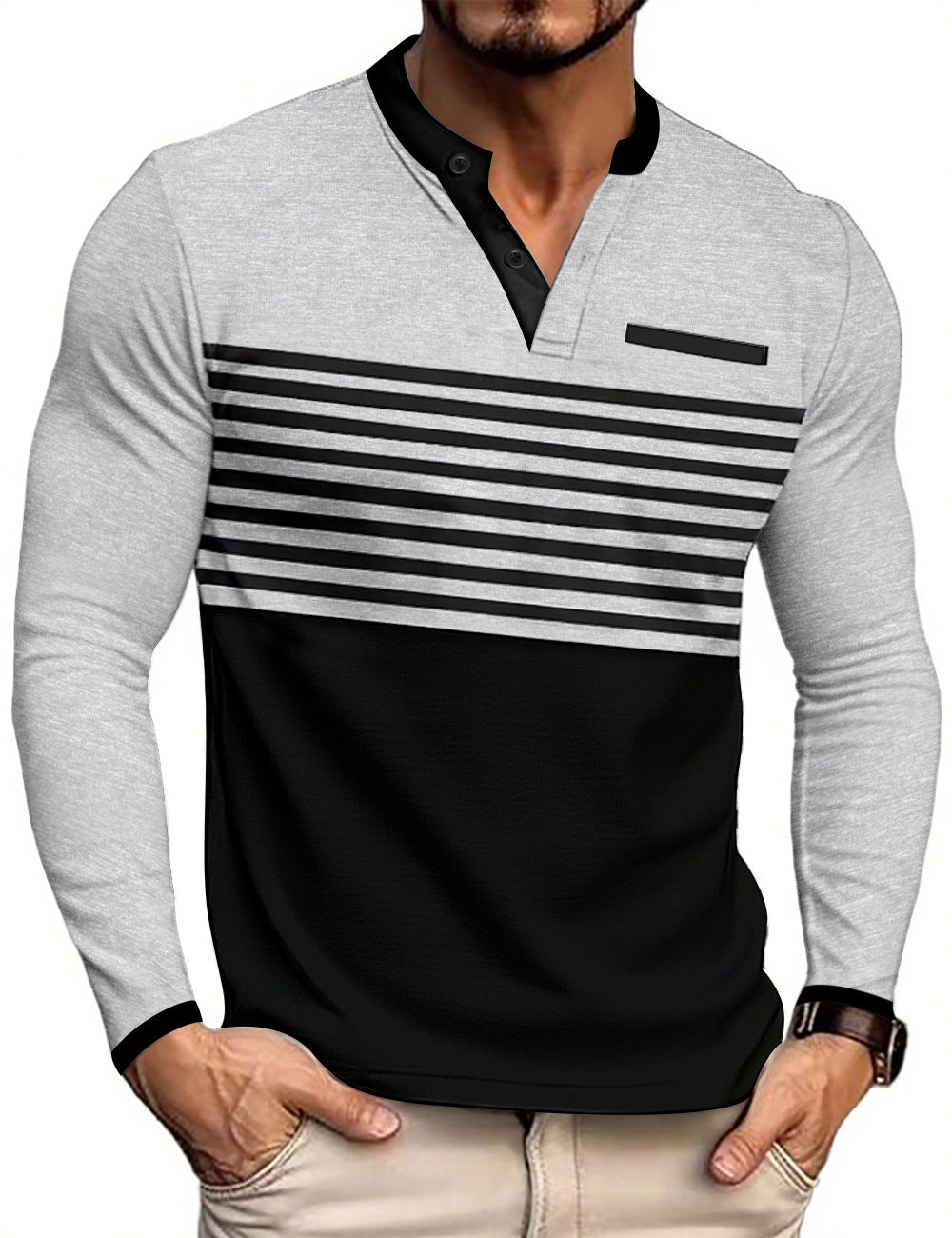 Herren nan modernes Langarm-Polo mit Henley-Blende gestreifter Brustpartie und Stehkragen EB